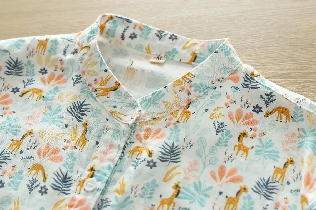 Double-layer Cotton Tulle Long-sleeved Shirt for Women Fresh Printed Small Stand Collar Soft Breathable Top