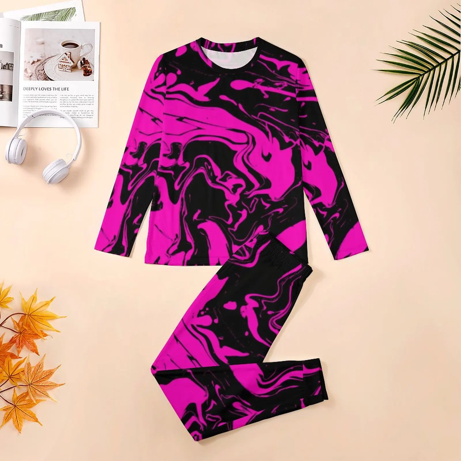 Paint Splatter Print Pajamas Long Sleeve Pink Abstract Swirl 2 Pieces Room Pajamas Set Spring Man Graphic Oversized Home Suit