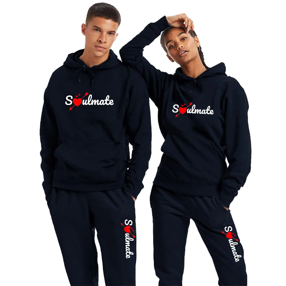 Survêtement imprimé Soul Mate pour hommes et femmes, sweat à capuche et pantalon pour couple, olympiques de sport 2 pièces, vêtements de sport,