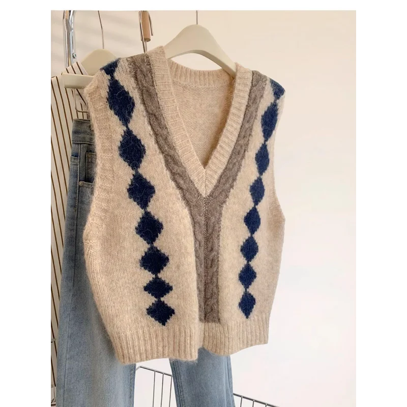 

Осень-зима, новая женская верхняя одежда, внутренняя одежда, свитер без рукавов с v-образным вырезом, дизайн с цветными блоками, вязаный жилет Argyle