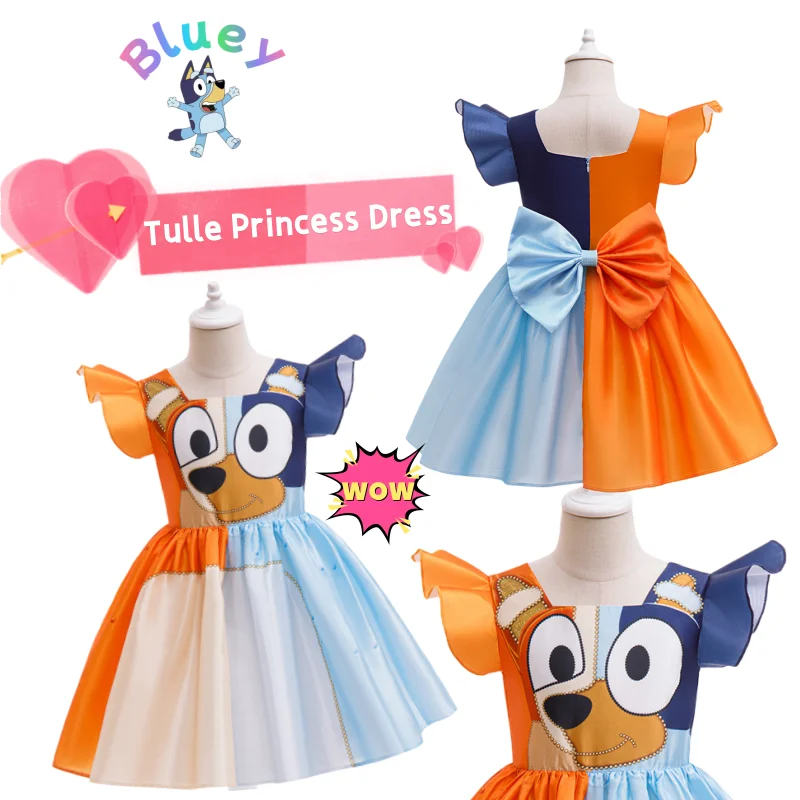 

Новое платье принцессы Bluey Bingo с принтом, яркое, для вечеринок, косплея, из сетчатой ткани, мягкое, в мультяшном стиле, подарок на день рождения для девочки
