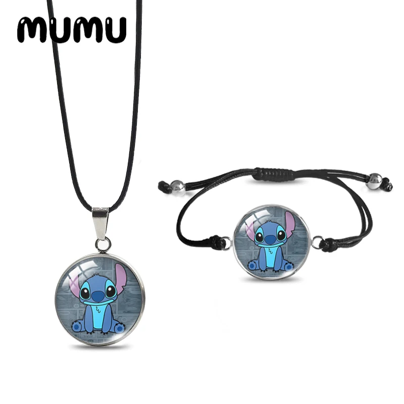 طقم قلادة وأساور بزاوية غرزة ليلو ، حبل أسود ، أطقم مجوهرات كابوشون زجاجي ، أدوات يدوية الصنع ، جديد ،