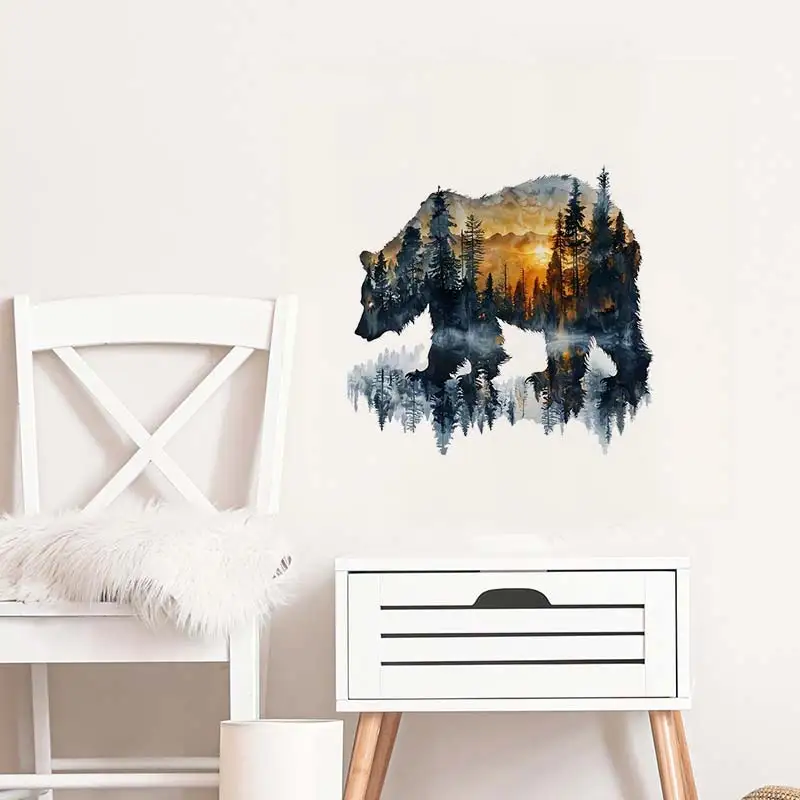 Bear and Forest Scene Wall Stickers Bedroom Boy Room Background Decoration Mural Animal Home Decor Self-adhesive Wallpaper M1118