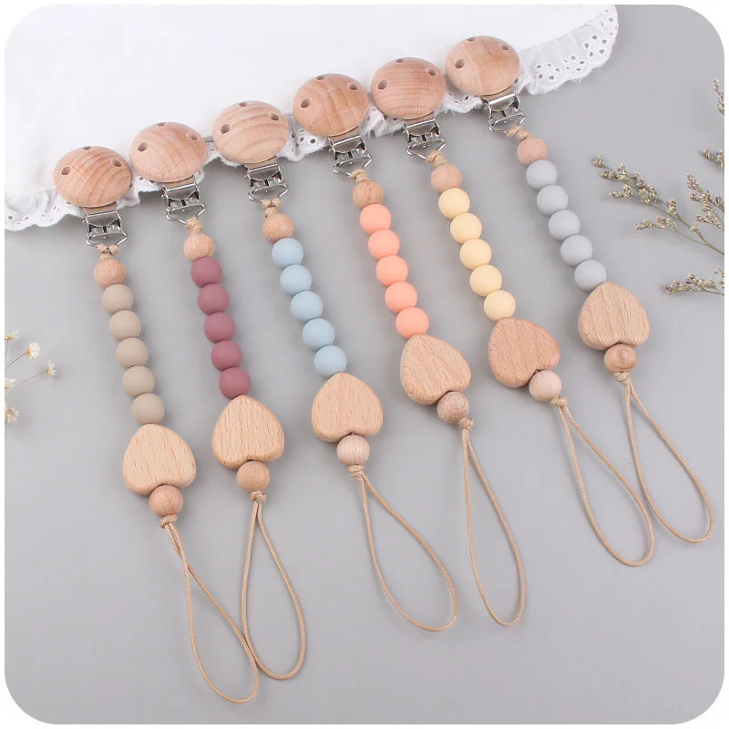 Baby Pacifier Clips Silicone Beads Beech Wooden Heart Bead Pacifier Chain Infant Nipple Appease Soother Dummy Holder