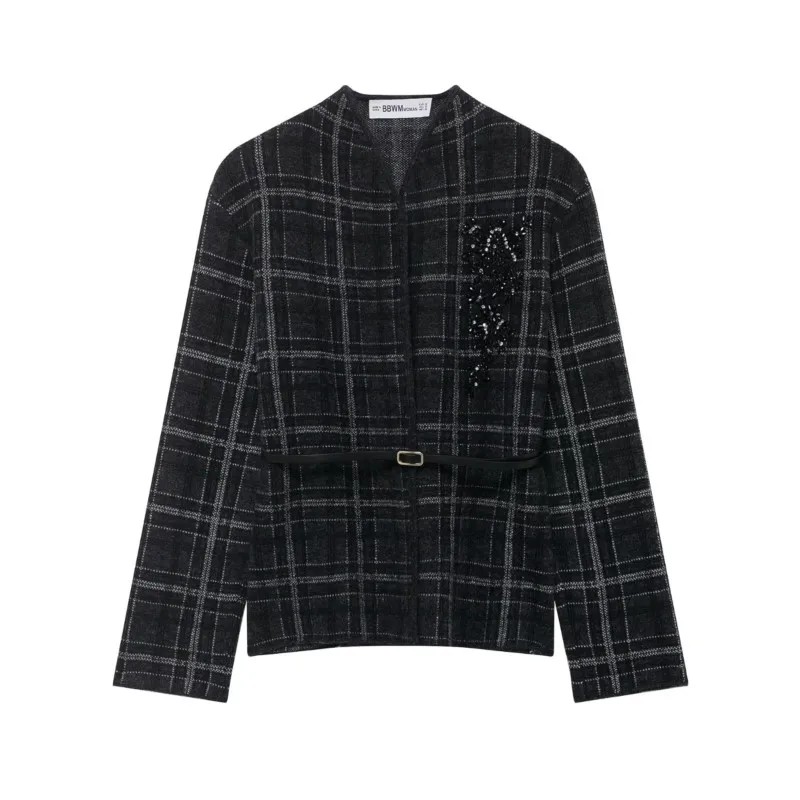 

Autumn Women Check Knit Cardigan with Belt V Neck Long Sleeve Vintage Women's Elastic Sweater Female Chic Tops