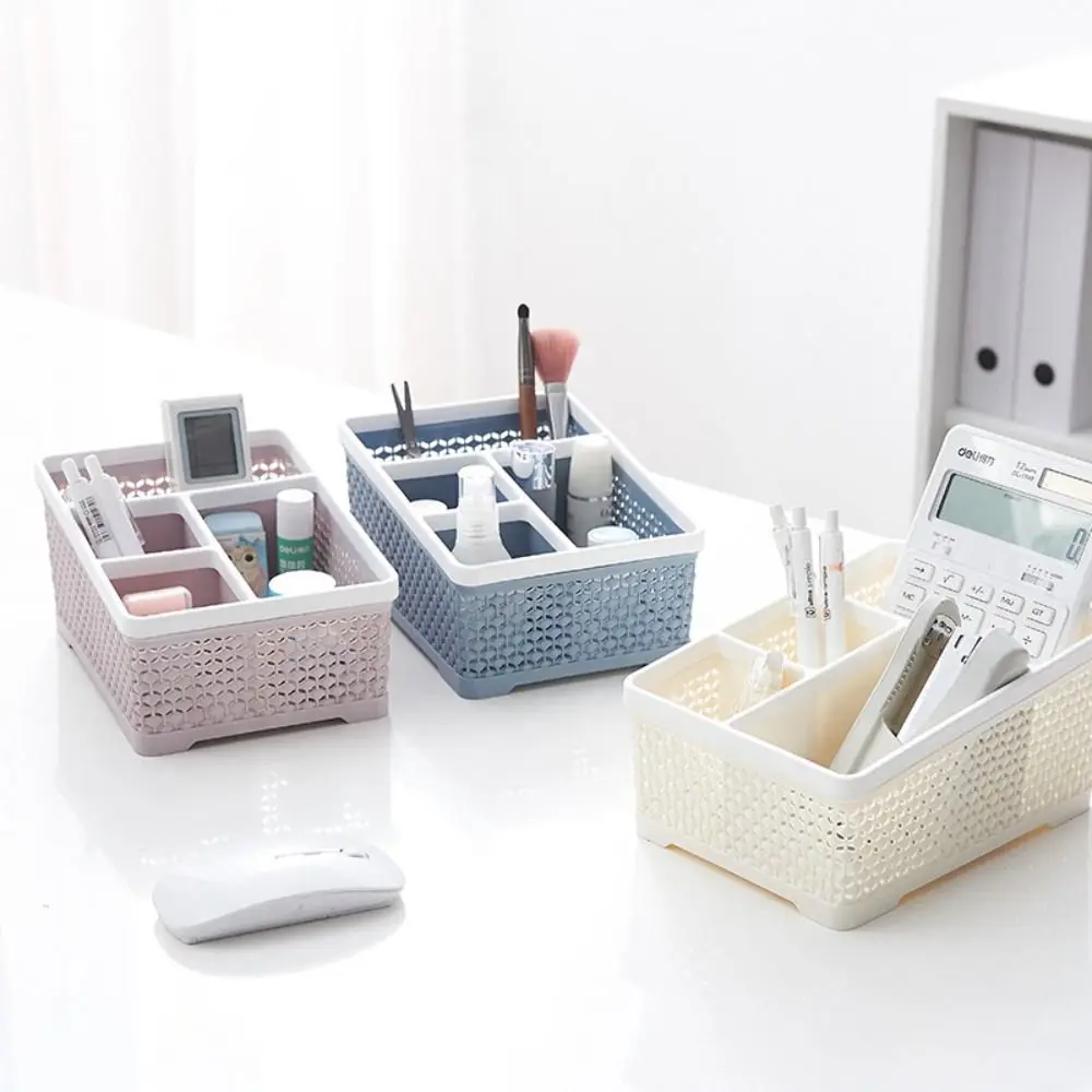 Trapezoidal Desktop Storage Box 4-Grid Compact Cosmetics Lipstick Organizer Divided Cell Hollow Student Stationery Shelf