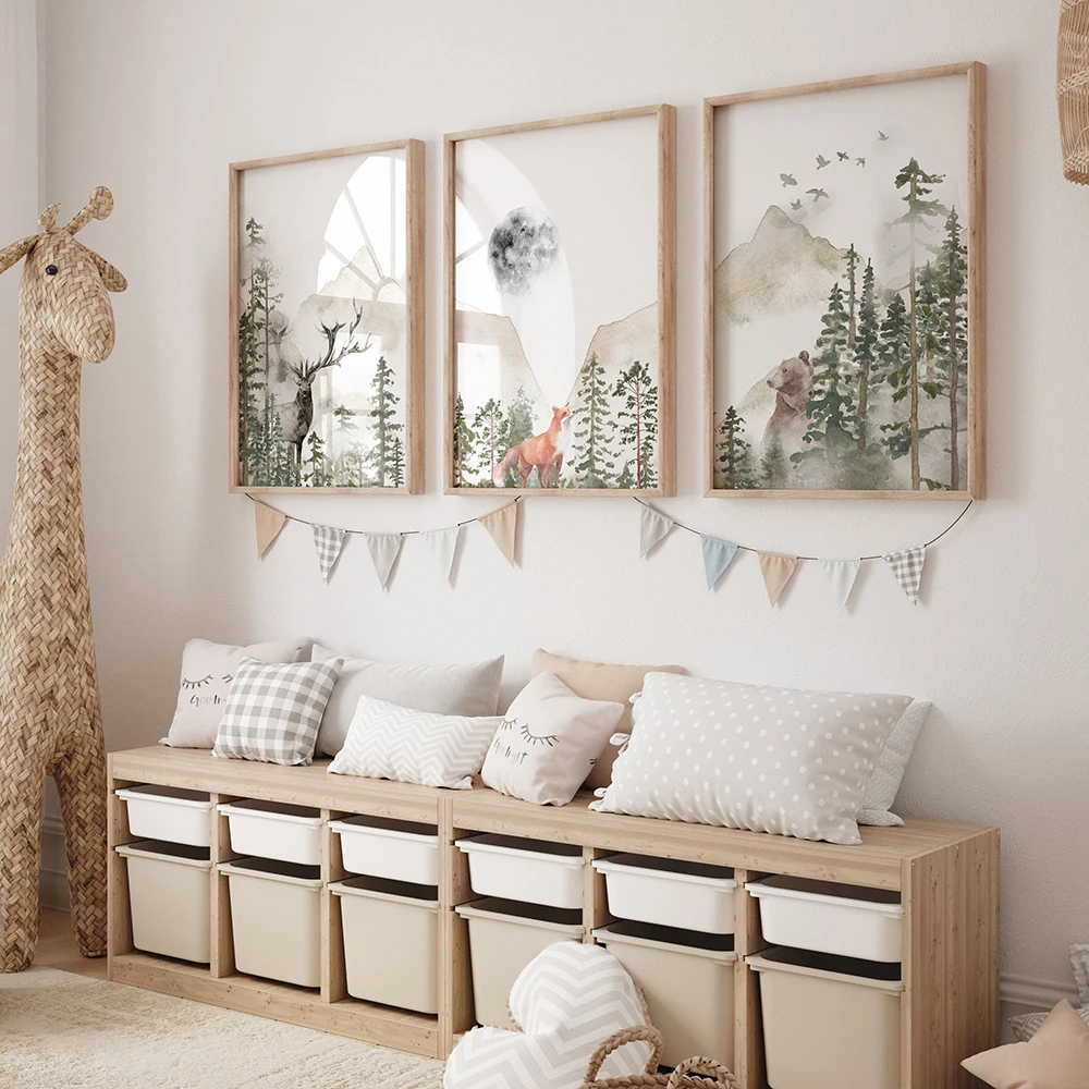 Forest Woodland Animal Fox Bear Nursery Wall Art Canvas Mural Painting Nordic Posters And Prints Pictures Baby Child Room Decor