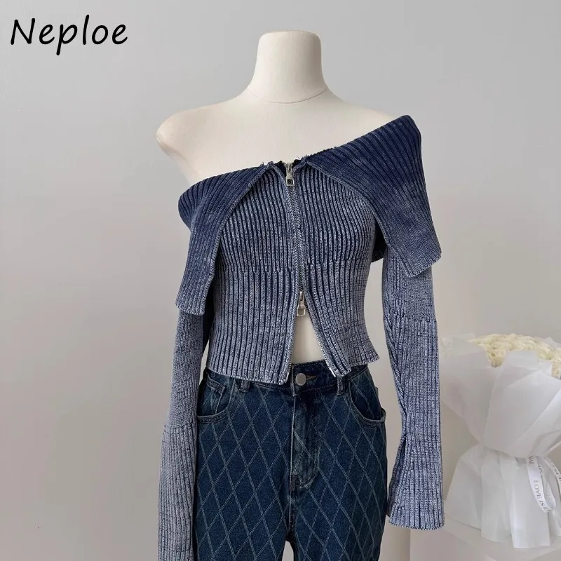 Neploe Sexy Off Shoulder Lapel Neck Cardigans Vintage Gradient Sweater Mujer Long Sleeve Double Zipper Knitted Tops Women