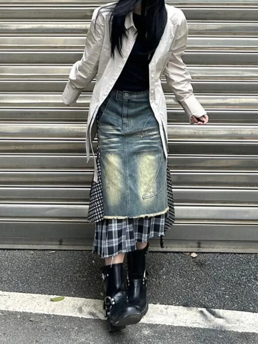 

Vintage Plaid Patchwork Denim Skirt Women Summer Grunge Asymmetric Tiered Ruffle Mermaid Mini Skirt Cottagecore Aesthetic