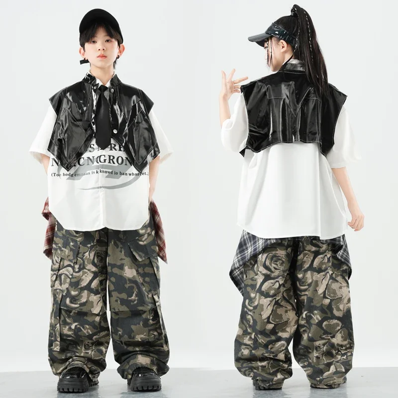 Boys K-pop Street Dance Polo Tshirt Pu Vest Cargo Pants Girls Hip Hop Camo Joggers Children Clothes Sets Kids Jazz Streetwear
