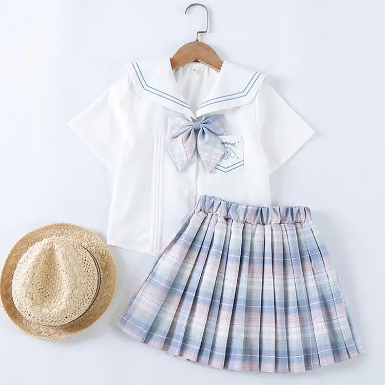 Kawaii Cinnamoroll School Uniform Set Sanrio Anime Summer Cute Girl Maid Outfit JK Uniform Suit Pleated Skirt with Safety Short