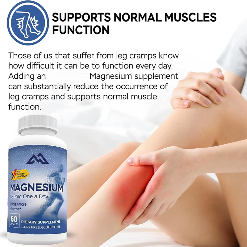 High absorption magnesium is suitable for leg spasms and muscle tension, containing 60 vitamins B6, D, and E