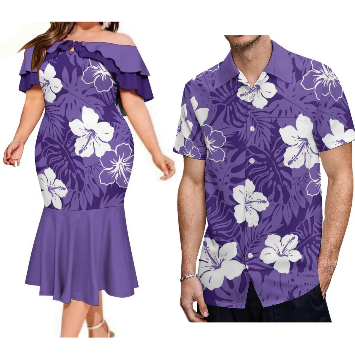 Vestido cauda de peixe de um ombro feminino, vestido de noite, camisa aloha masculina, terno de casal polinésio, banquete de verão