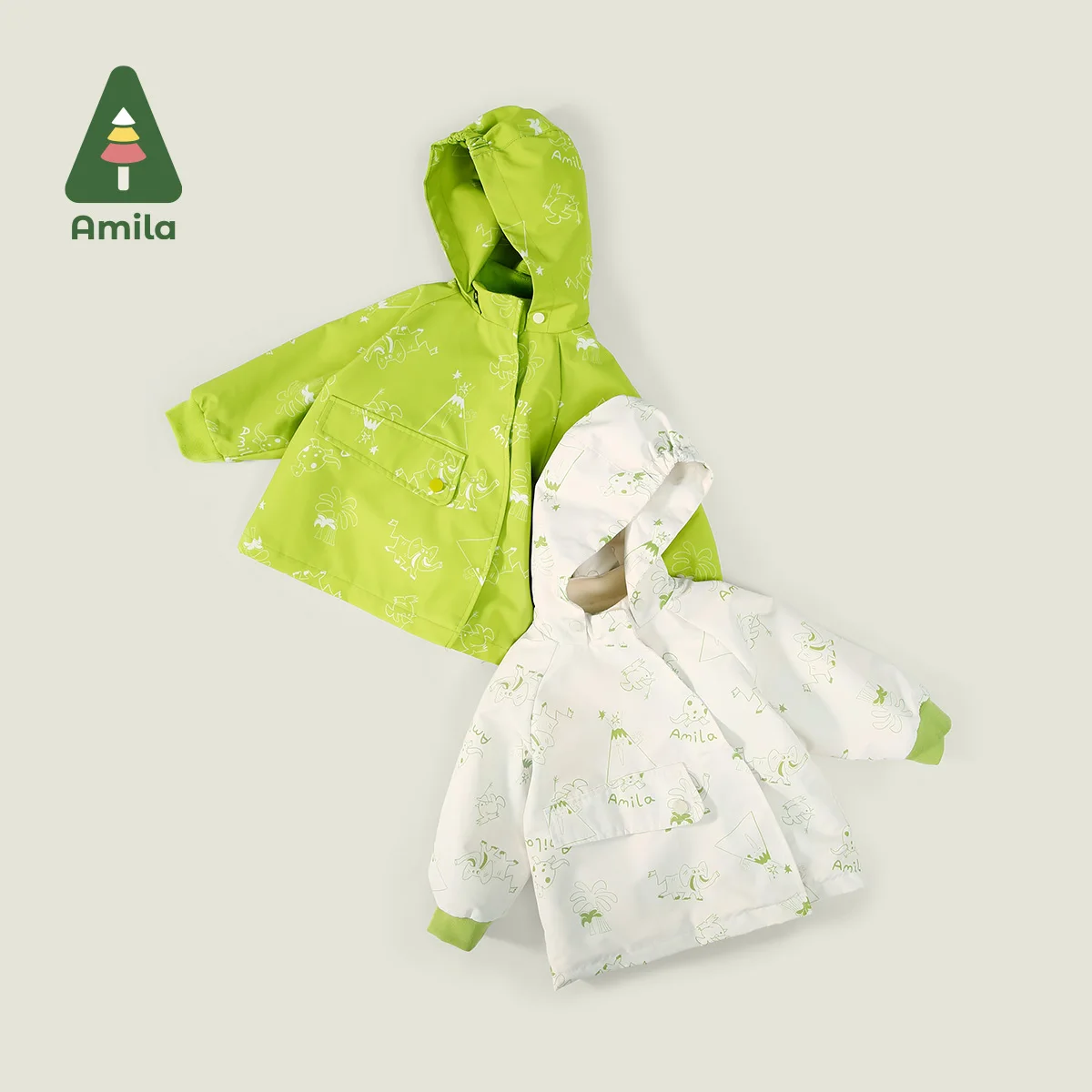 Amila Baby Jacket 2024 Autumn New Boys And Girls Outdoor Three-Proof Hooded Cartoon Full Print Loose Warm Children’s Jacket