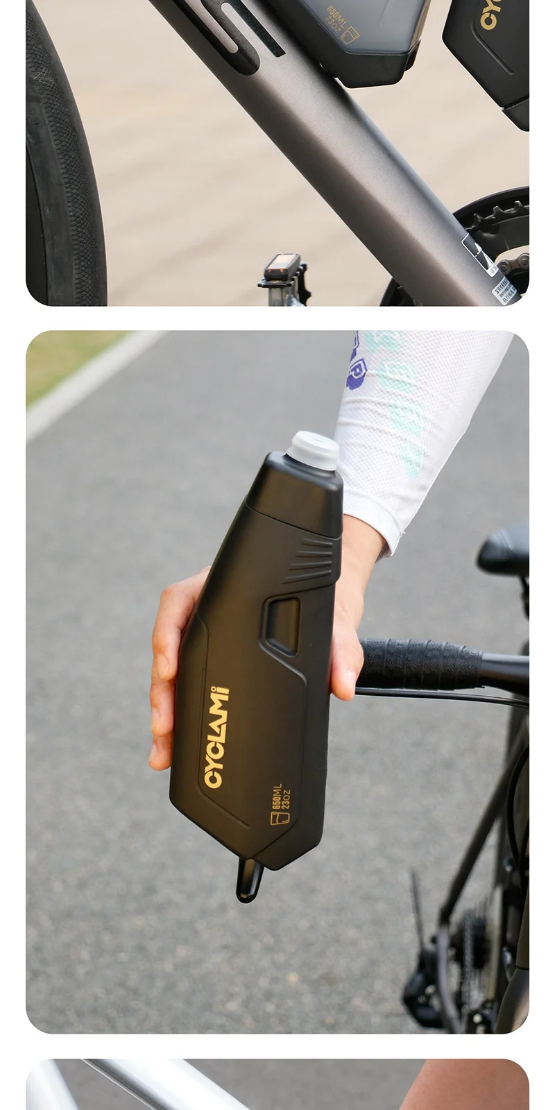 CYCLAMI 650ml Aerodynamisches Fahrradflaschenhalterungsset PP5 Quetschbare Fahrradflasche mit Silikondeckel für Rennrad und Mountainbike-Rahmen – Detail 9