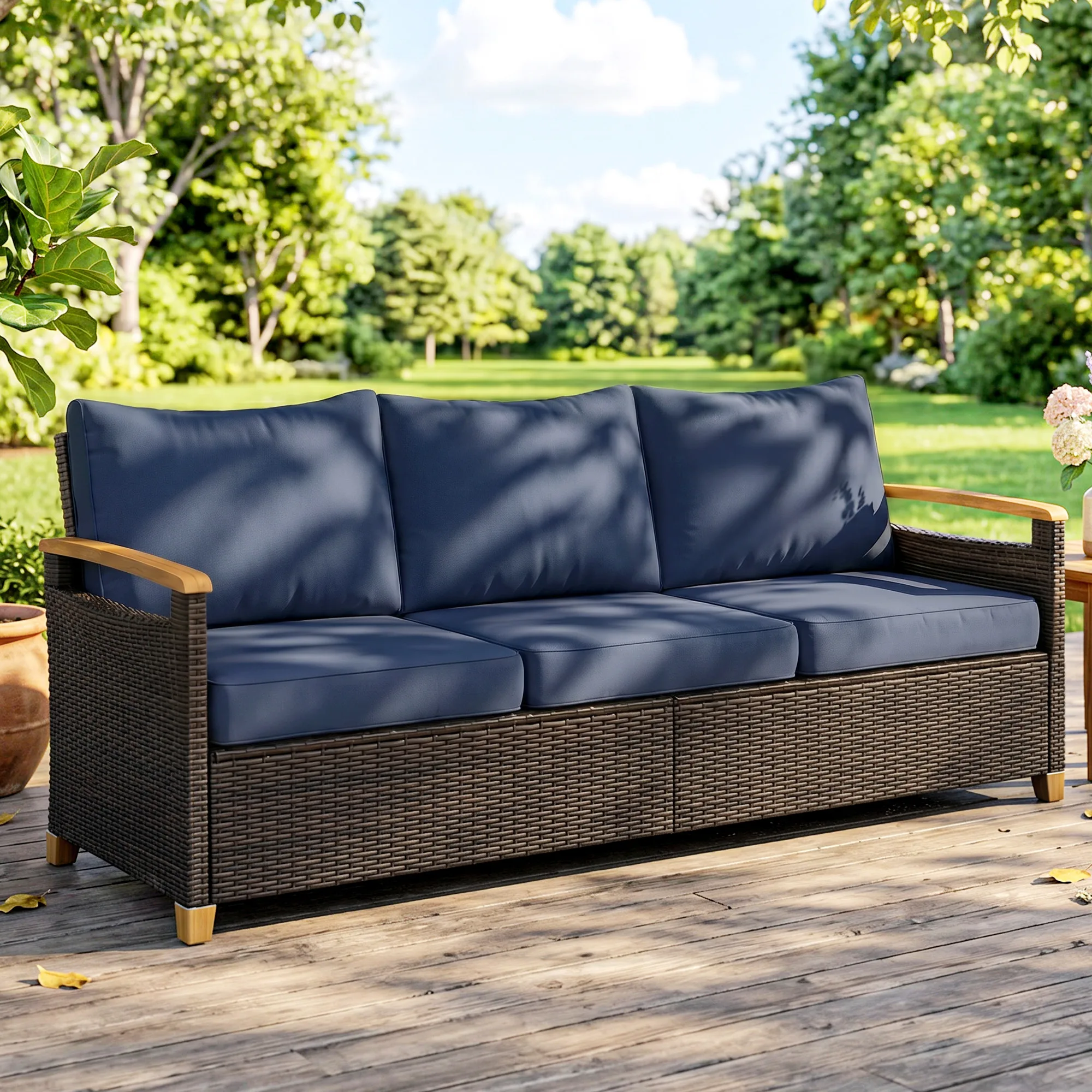 Outsunny 3-Seater Outdoor Sofa with Soft Padded Wide Seats, Dark Blue
