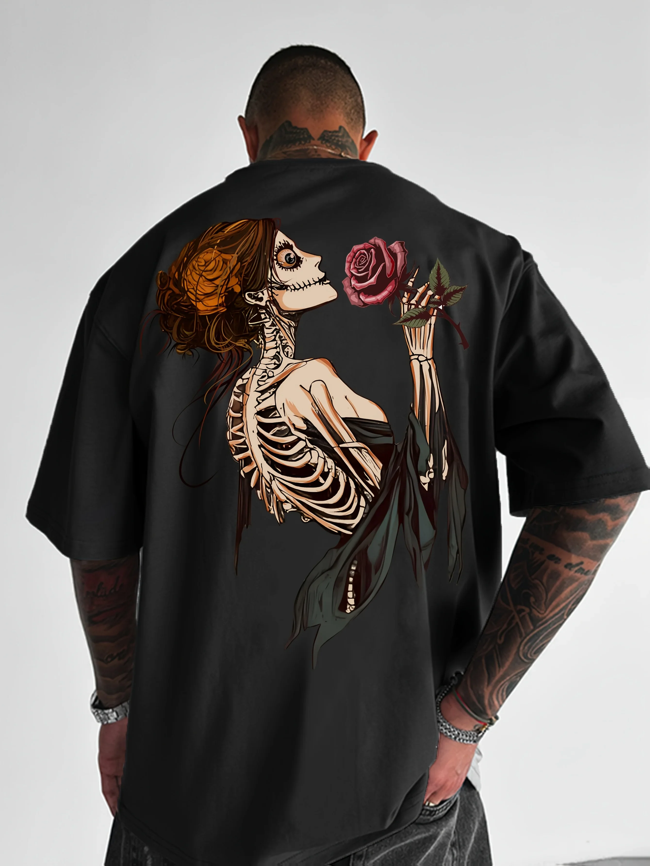 2026 Hot Sale 100% Pure Cotton Casual Loose Sports Short Sleeve T Shirt Round Neck Skeleton Rose Print Top for Men Women