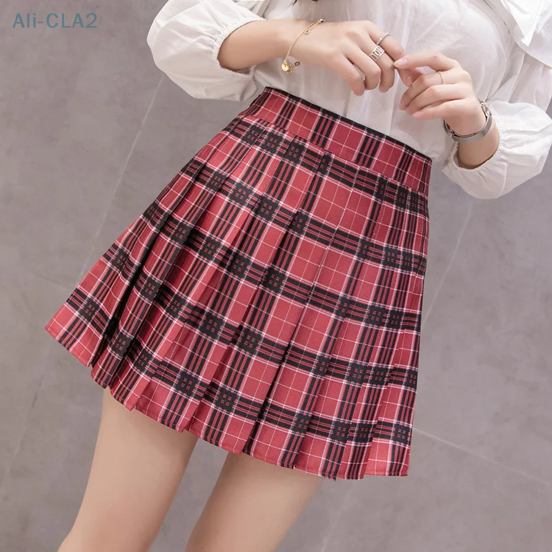 

Fashion High Waist Burgundy Plaid Sweet Preppy Style Student Pleated Skirt For Women