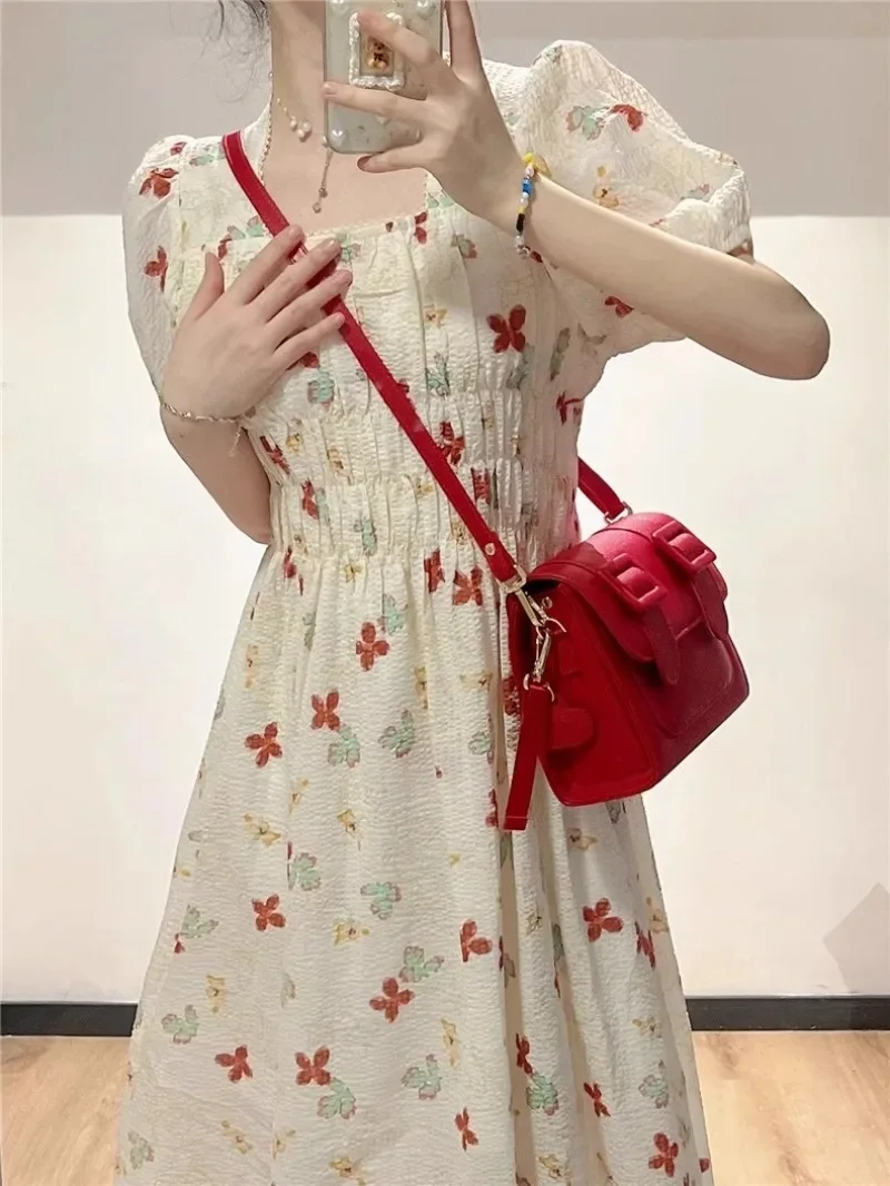 Women Summer Floral Dress Sweet Girls Chic Puff Sleeve Dresses New Kawaii Clothes Summer Dress Cottagecore Red Yellow Dresses