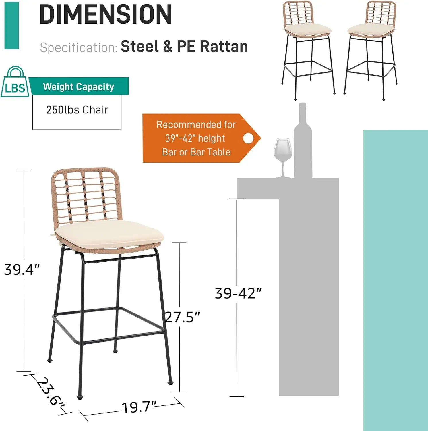 Taburetes de Bar para exteriores, conjunto de sillas de ratán, muebles de Patio para jardín, piscina, interior, cafetería, cocina