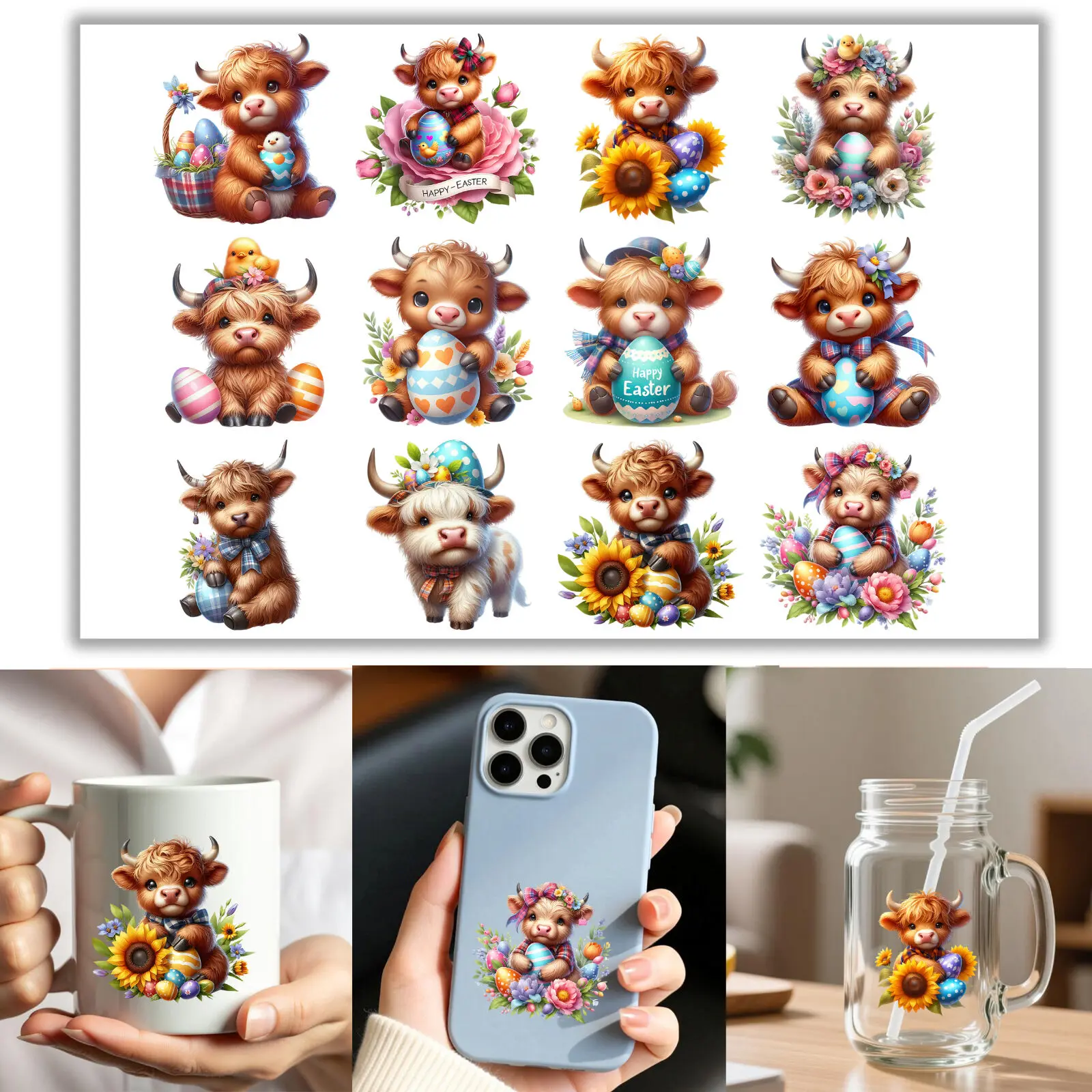12pcs/Sheet Easter Flower Highland Cattle DIY UV DTF Rub On Transfer Stickers Glass Mug Cup Wraps Journal Scrapbooking Crafts