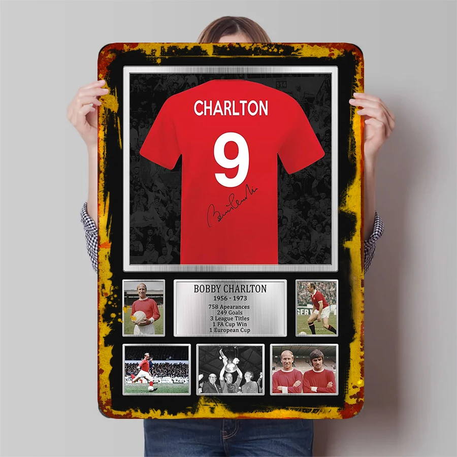 بوبي تشارلتون توقيع مانشستر يونايتد رقم 9 ملصق معدني أسطوري لحظات البطولة المهنية القابلة للجمع