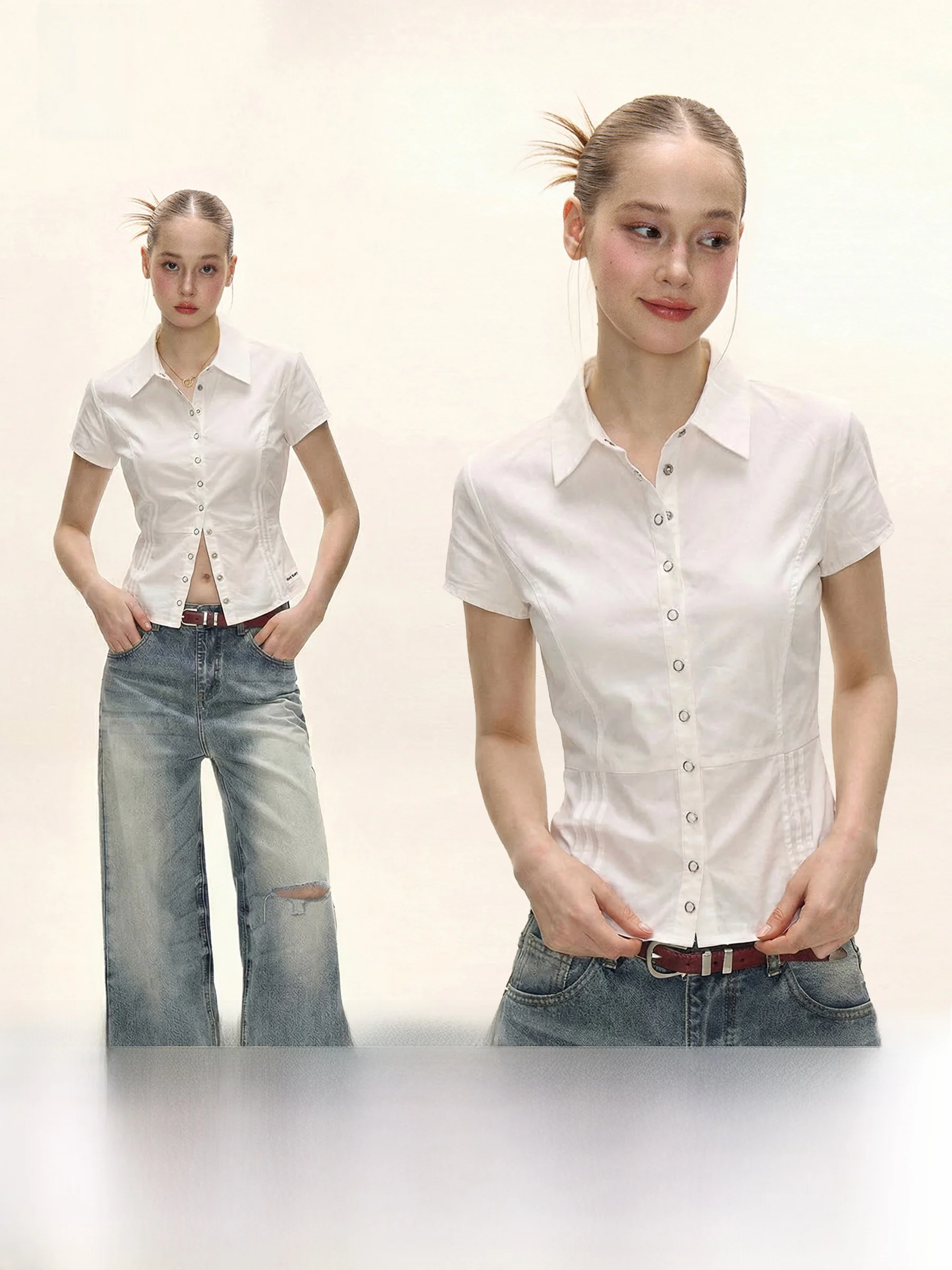 

Slim Fit ort Sve irt Women's Summer American Sle Waist Cinched oulder Length ort irt Hot Girl Faion Design