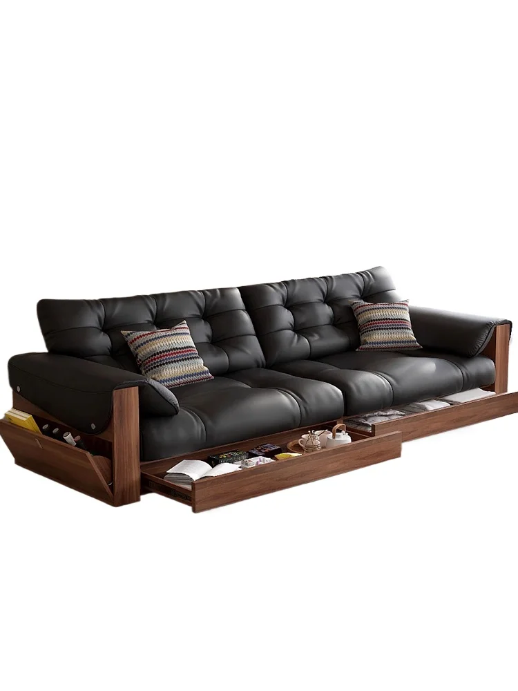 

Big black bear leather sofa small apartment living room walnut medium retro style solid wood drawer storage sofa