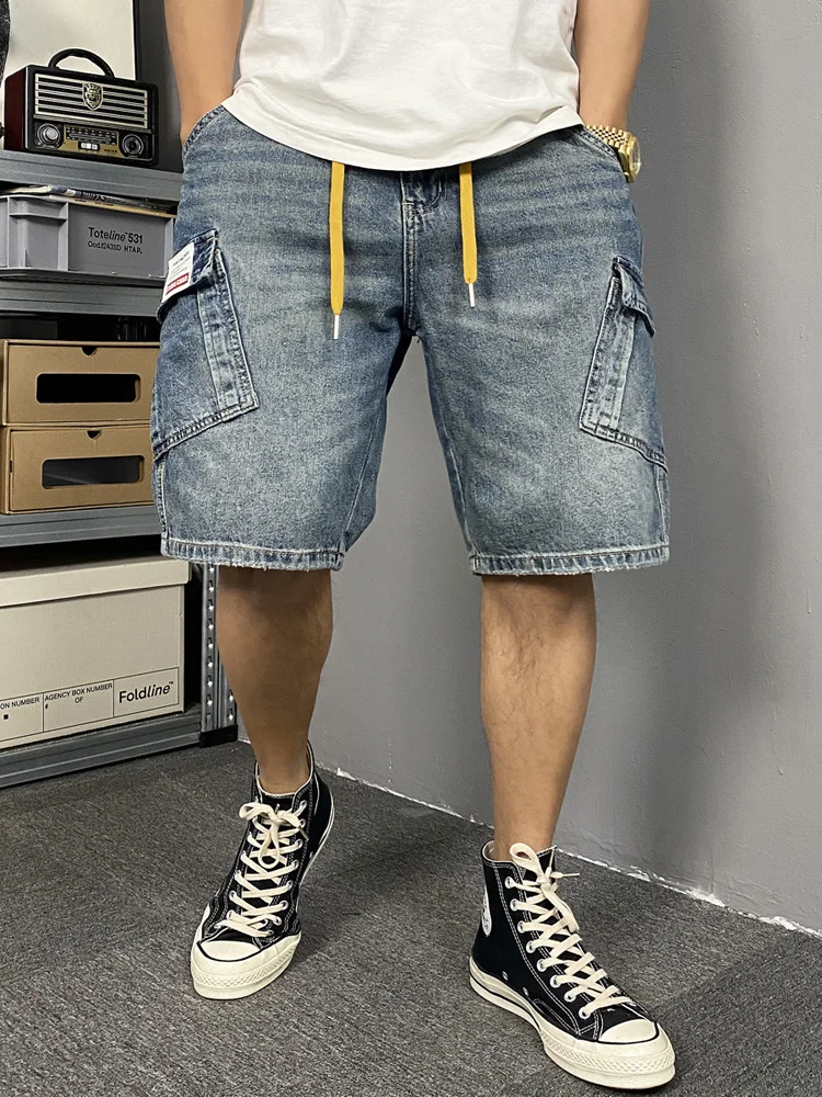 

Летняя американская повседневная винтажная рабочая одежда с завышенной талией, джинсовые мужские прямые свободные модные брендовые джинсы со средней талией в пять четвертей