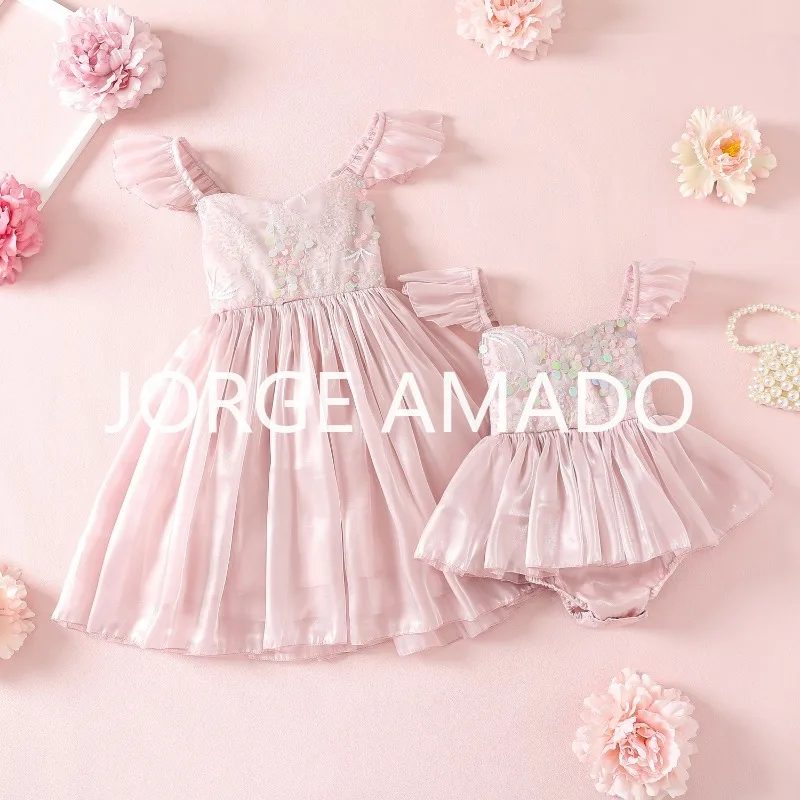 Sommer Mädchen Schwester Passenden Outfits Quadrat Kragen Sling Backless Body Pailletten Prinzessin Kleid Twins Tochter Kleidung H1518