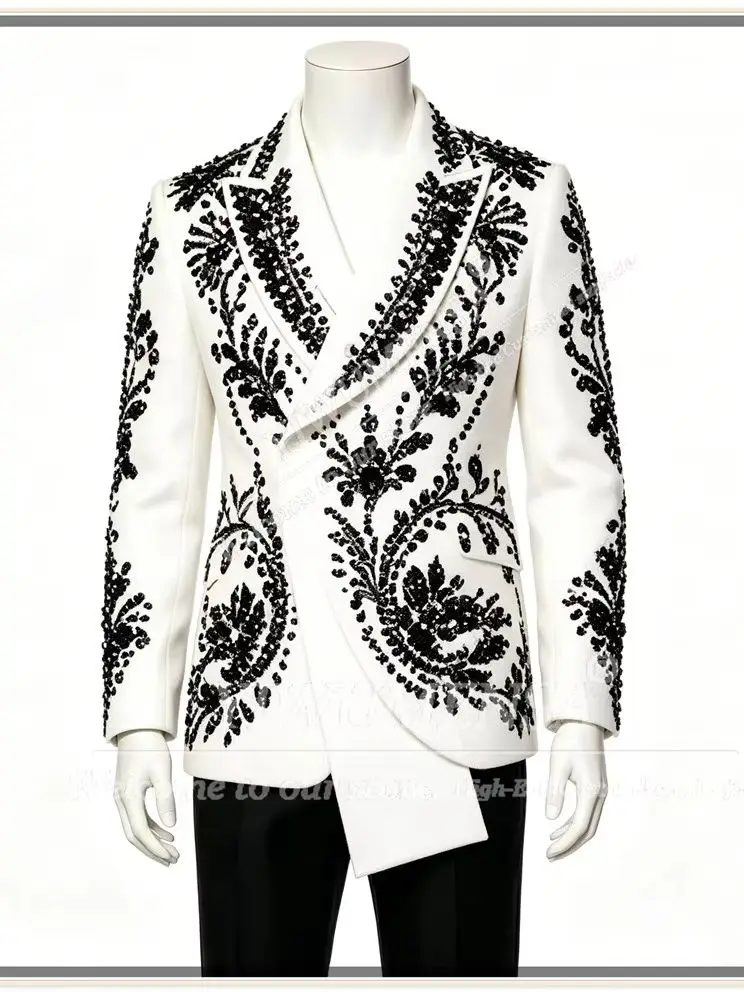 

Exclusive Suits Men For Wedding Beaded Stones Jacket With Black Pants 2 Pieces Sets Groom Tuxedos Customized Man Banquet Outfits