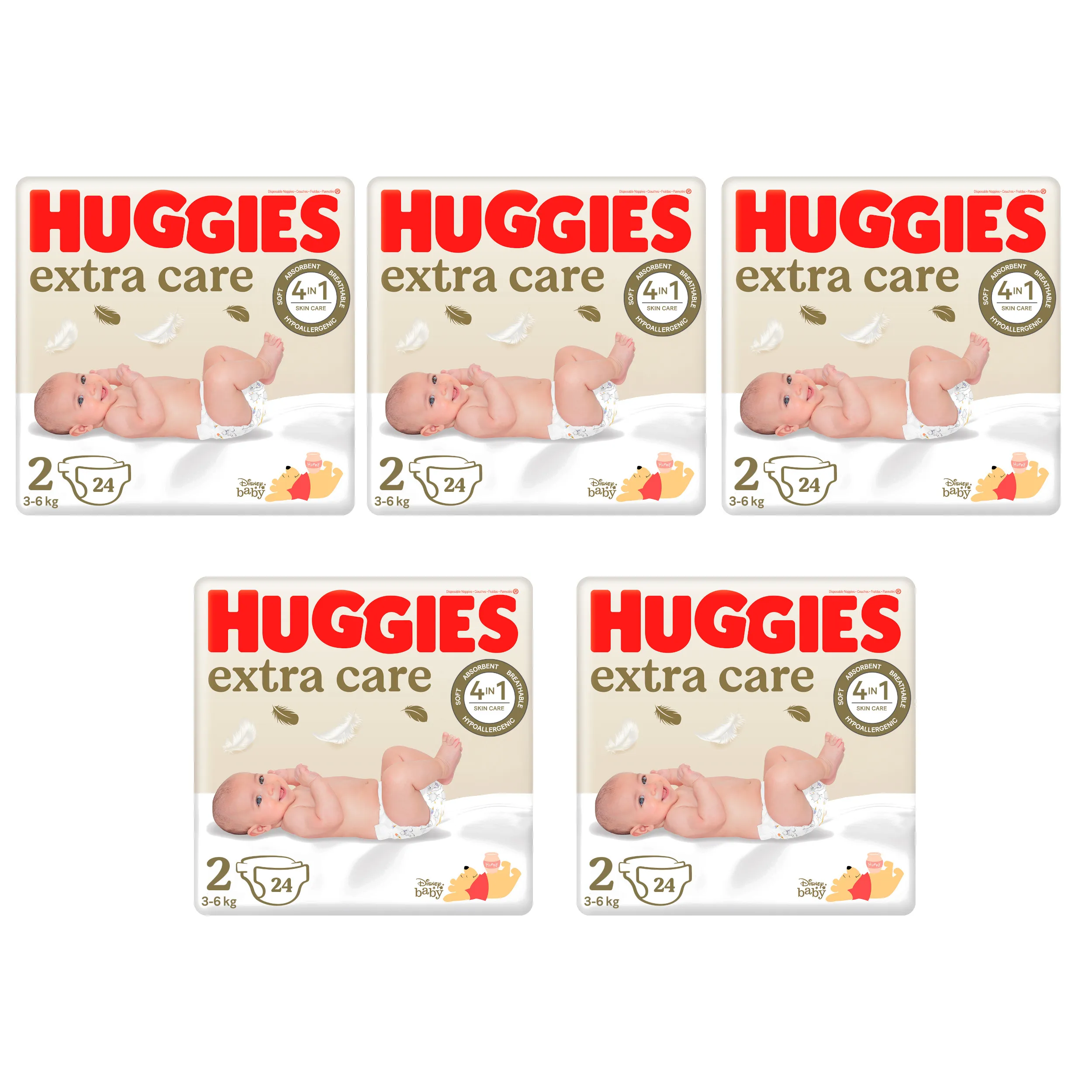 5x HUGGIES Extra Care 2 diapers (3-6kg) 24 PCs