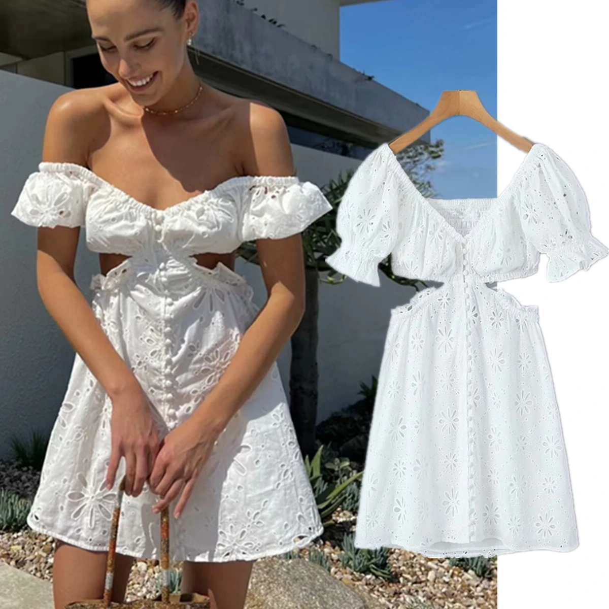 Maxdutti Ladies Sexy Beach Dress Cotton Hollowed Out Mini Dress Summer Vacation Style Lace Dress Women