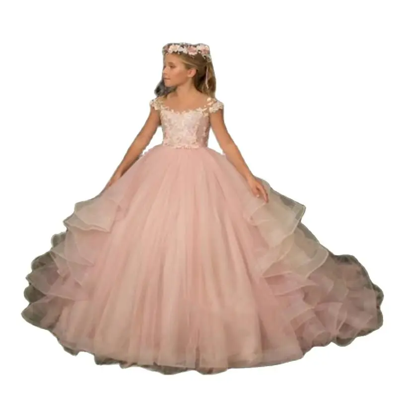 Robe de fille en tulle moelleux avec traîne en fibre de dentelle, élégante petite fleur, mariage, communion, anniversaire, enfants