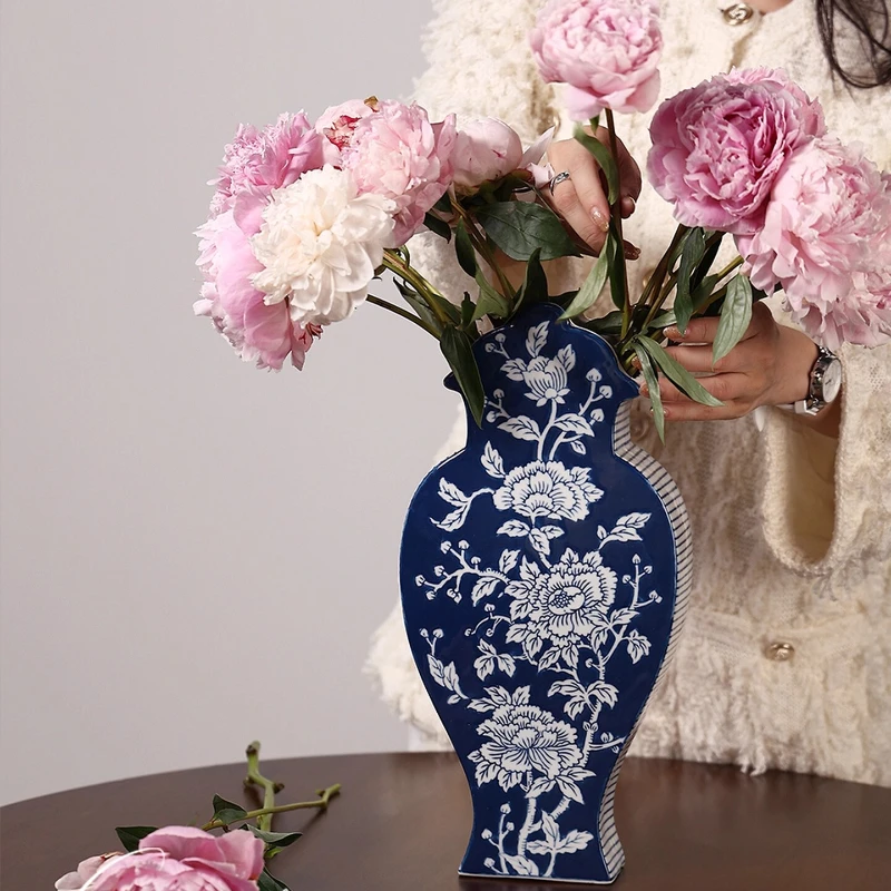 

Vintage Blue Porcelain Vase Double Sided Ceramic Floral Decor Living Room Display Flower Vessel Elegant Home Decorations