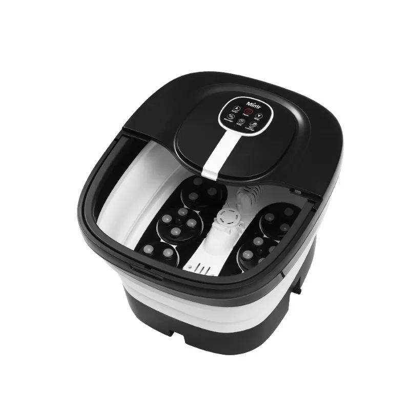 Electric folding foot bath massage bucket with heat therapy function, automatic rotating massage roller and bubbles
