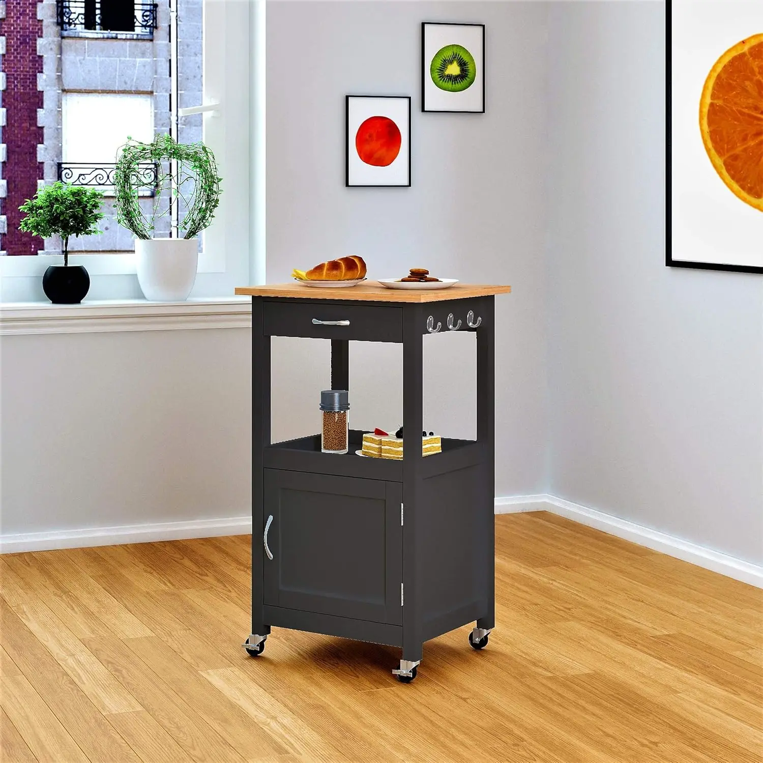 Island Cart on Wheels with Drawer, Storage Cabinet, Shelf and Natural Solid Hardwood Top, Gray Base