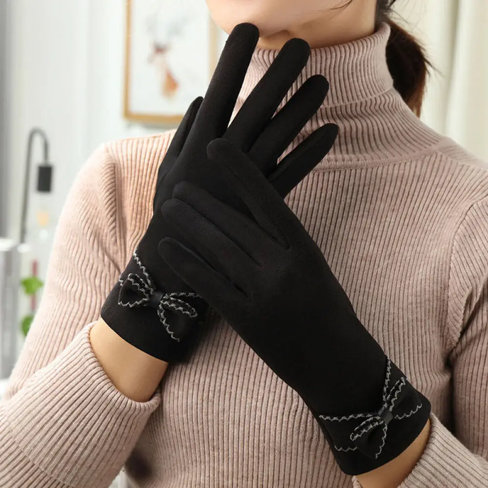 Women Winter Fleece Thermal Gloves Touch Sensitive Mittens Elegant Bowknot Decoration Warm Thick Outdoor Cold Proof