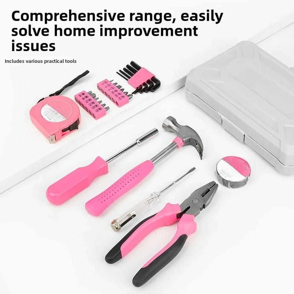 household-repair-tool-kit-in-pink-13-or-23-piece-multi-function-set-for-home-use-with-screwdrivers-pliers-measuring-tape