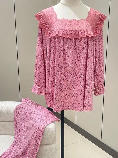 黄色の大きいサイズのパジャマセット快適なゆったりとしたホーム服モーダル-v-ネック韓国スタイルのレースデザイン甘いかわいいスタイル