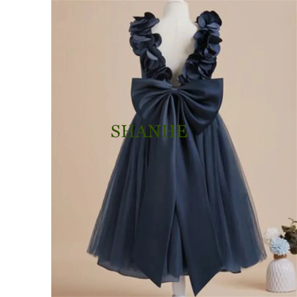 Süßes Blumenmädchenkleid für Kinder, Geburtstag, ärmellos, Prinzessin, knöchellang, Tüll, schlichtes Blumendesign, Hochzeit, Spitze, Schleife, Marineblau, Abend D