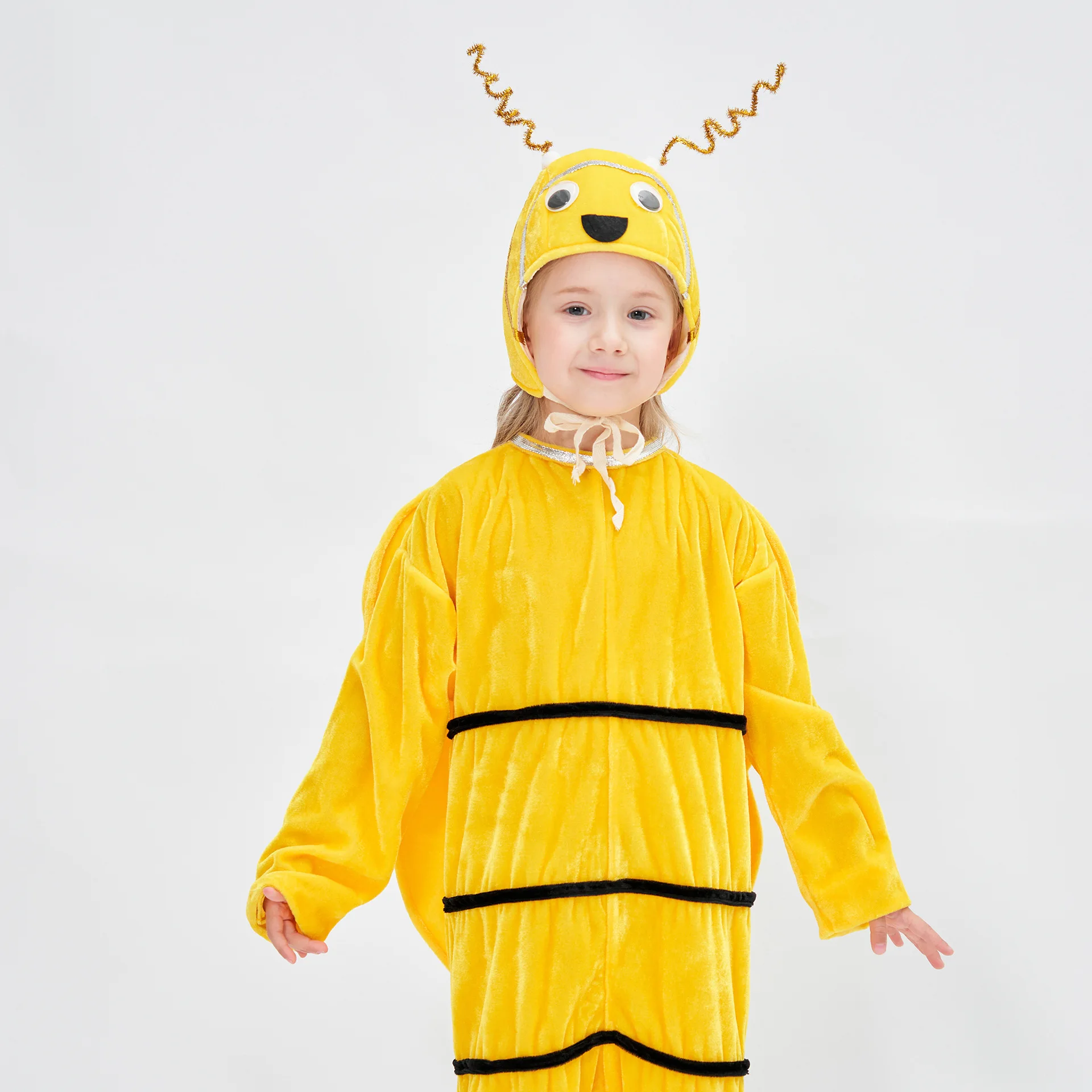 Kleine Bee Kids Cosplay Kostuums Voor Meisjes Jongens Nieuwe Schattige Gouden Fluwelen Jumpsuit Met Hoed Sets Feest Podium Voorstelling Kostuum