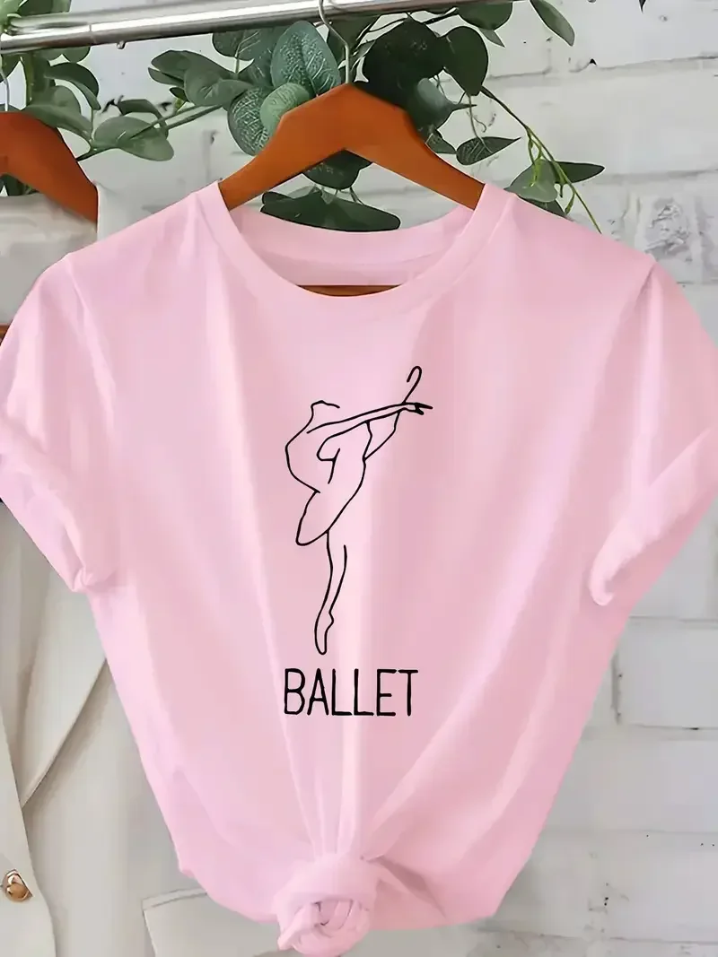เสื้อยืดคอกลมแขนสั้นลายกราฟิกธีมบัลเลต์สำหรับผู้หญิง ดีไซน์นักเต้นบัลเลต์