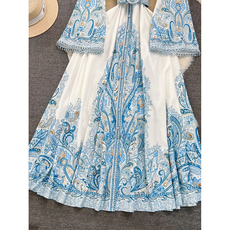 Vestido de manga larga acampanado estilo Palacio Vintage, cuello levantado, cinturón, cintura adelgazante, estampado de línea a, elegante, falda larga Swing grande