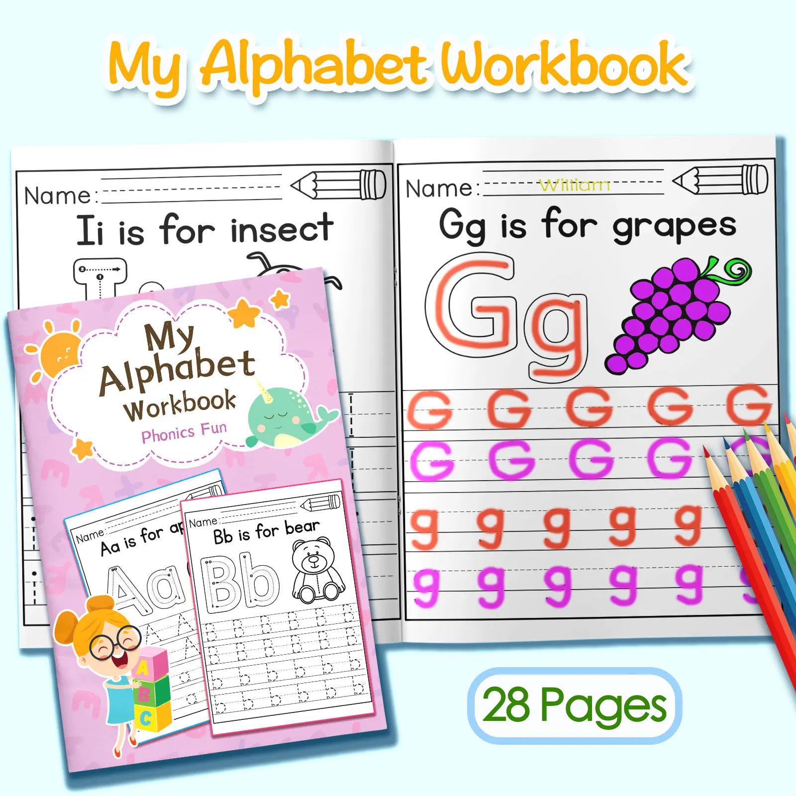 Kids Alphabet Words & Sentences Coloring Workbook, Cute Cartoon Patterns, Preschool Early Education Activity Book, Fun English L