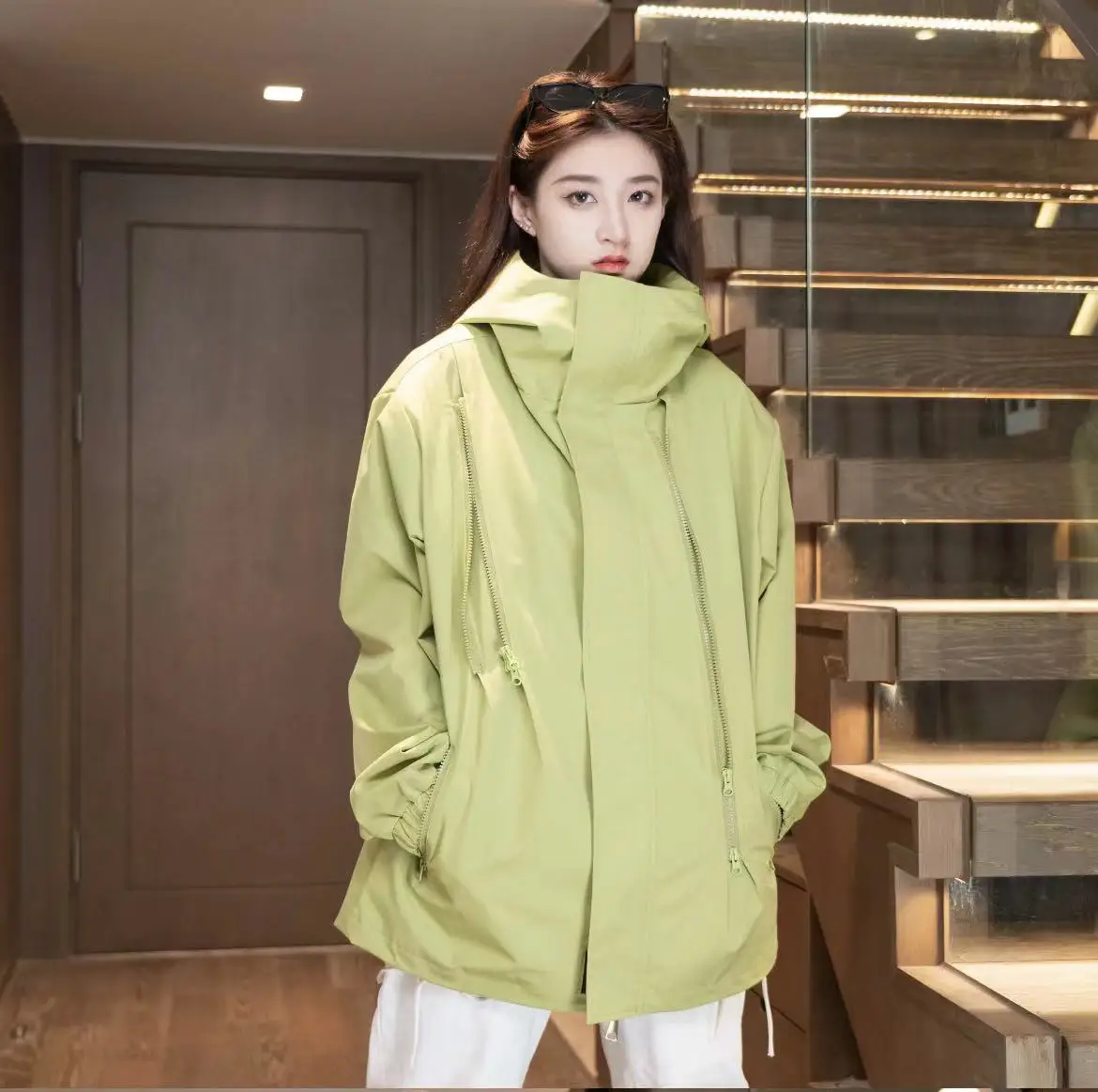 Women Oversized Black Hooded Jacket Asymmetric Zipper Windbreaker Waterproof Loose Streetwear Coat Outdoor Hiking Camping Female