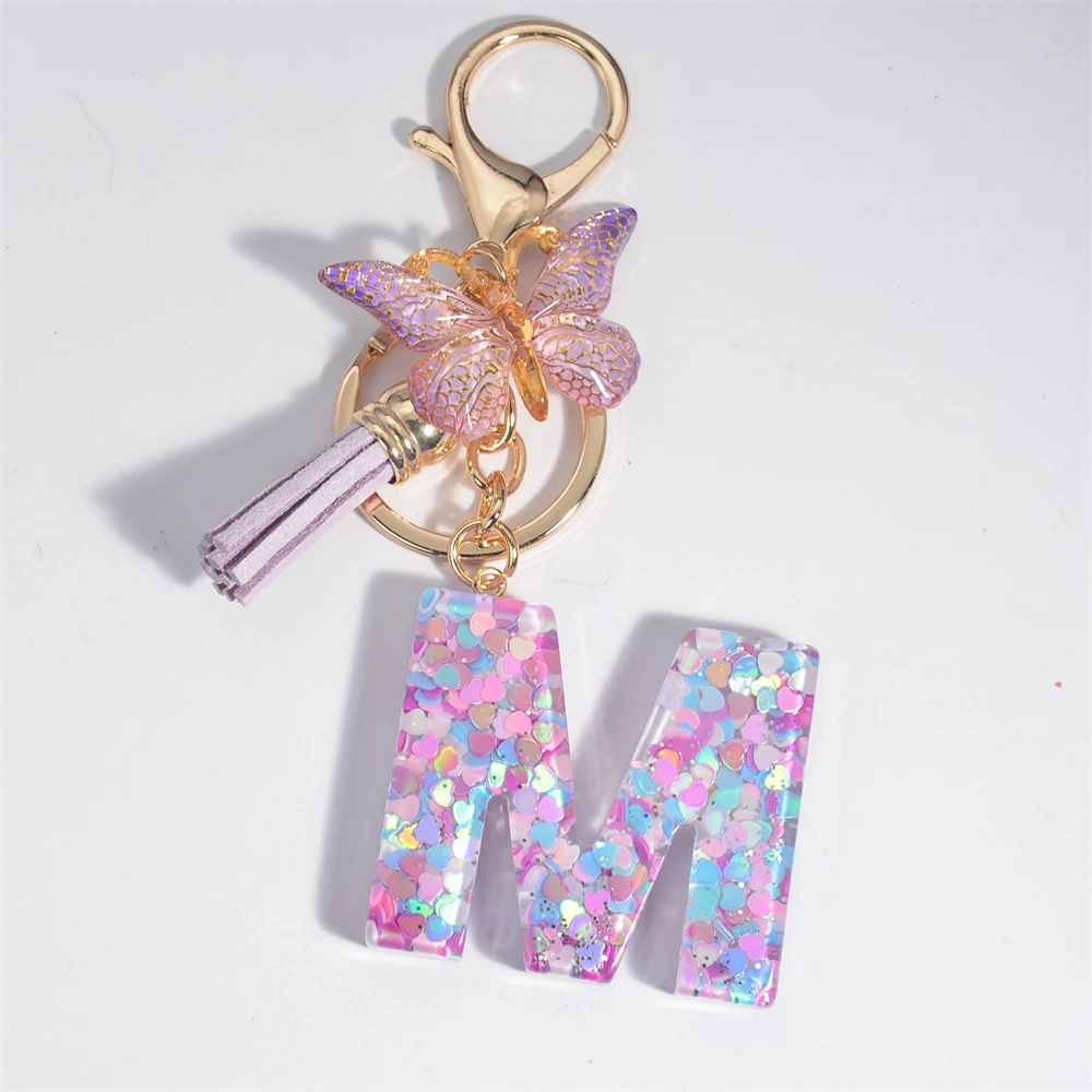 A-Z Dreamy Sequin Letters Keychain for Women Tassel Butterfly Pendant Initial Keyring Purse Suspension Bags Charms Car Key Chain
