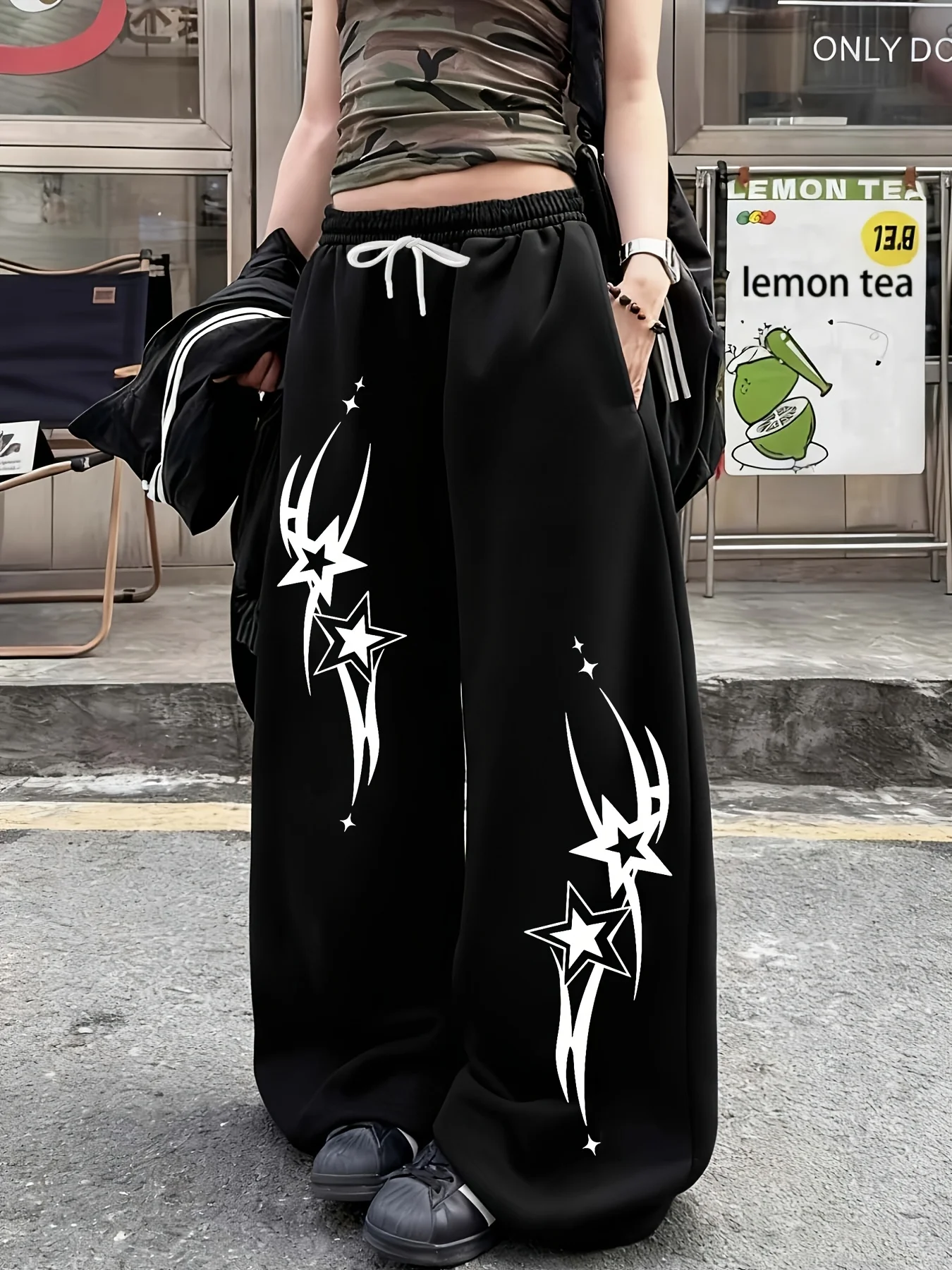 Harajuku Y2K Black Wide Leg Pant Women's Kids Streetwear Gothic Loose High Waist Trousers American Vintage Stars Print Pants