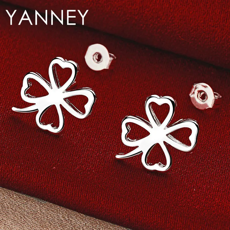 

New 925 Sterling Silver 15MM Beautiful Four Leaf Clover Stud Earrings For Women Fashion Charm Wedding Jewelry Accessories