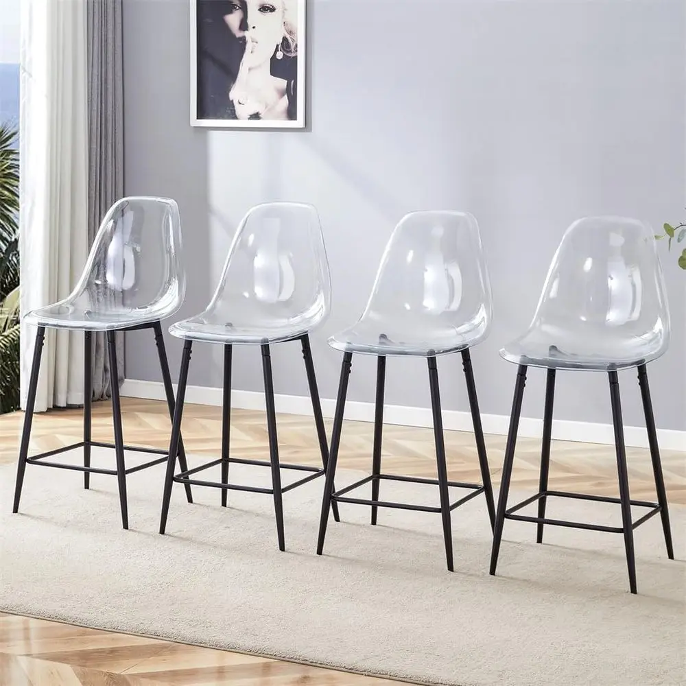 

Set of 4 Clear Acrylic Bar Stools with Waterproof Seat, 25.6 Height, Chrome Legs, 350lbs Capacity